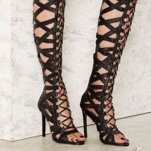 Lust for Life Psycho Leather Gladiator Lace Up Thigh High Boot
